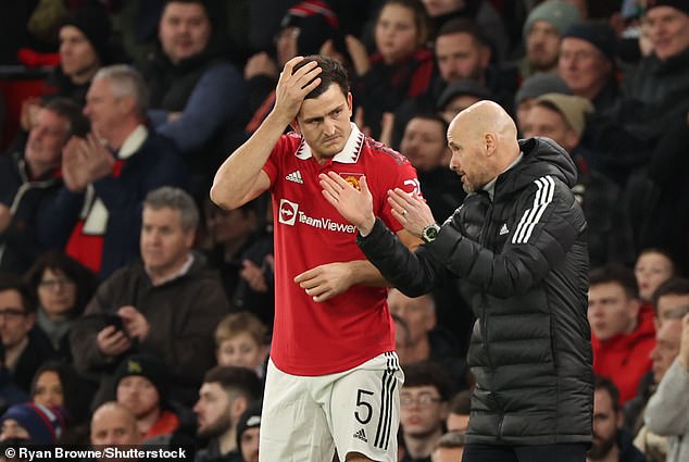 Club captain Maguire has fallen out of favour at Old Trafford under boss Erik ten Hag (right)