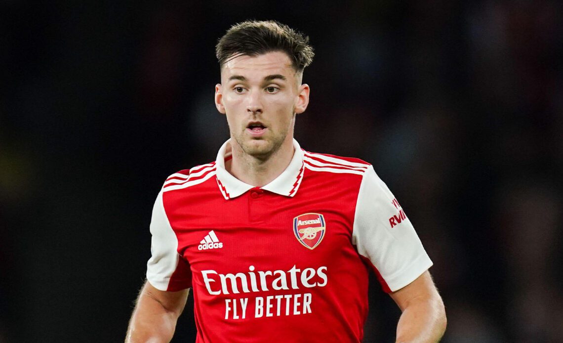 Kieran Tierney of Arsenal FC looks on during the UEFA Europa League group A match between Arsenal FC and PSV Eindhoven at Emirates Stadium on October 20, 2022 in London