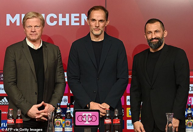 Bayern Munich chief Oliver Kahn (left) has taken a dig at fellow European giants PSG, saying the work of new manager Thomas Tuchel (centre) dealing with issues there proves his quality