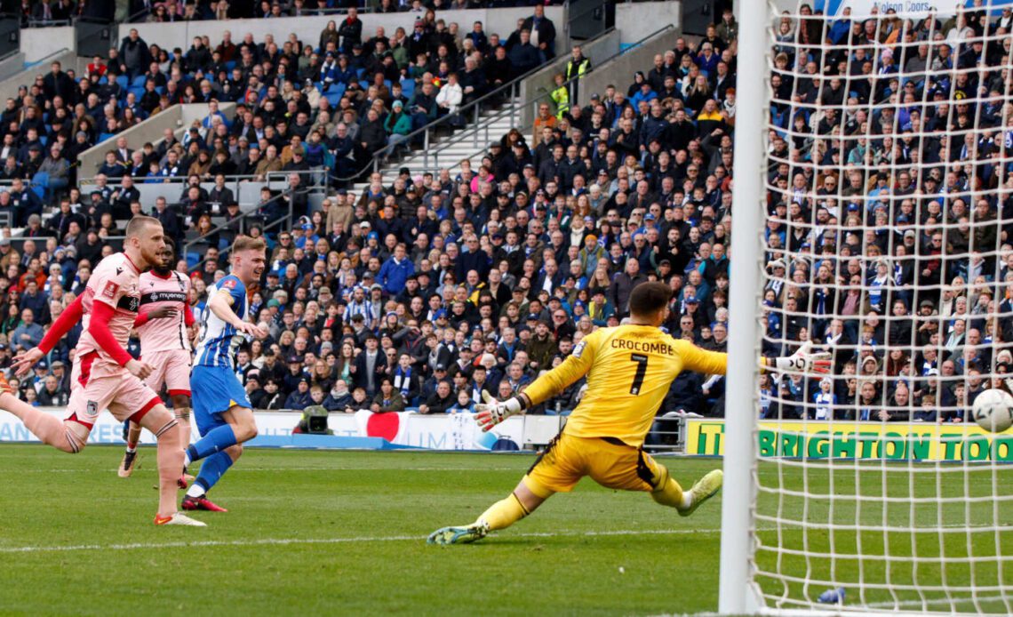 Evan Ferguson scores the 3rd goal for Brighton against Grimsby Town in the FA Cup