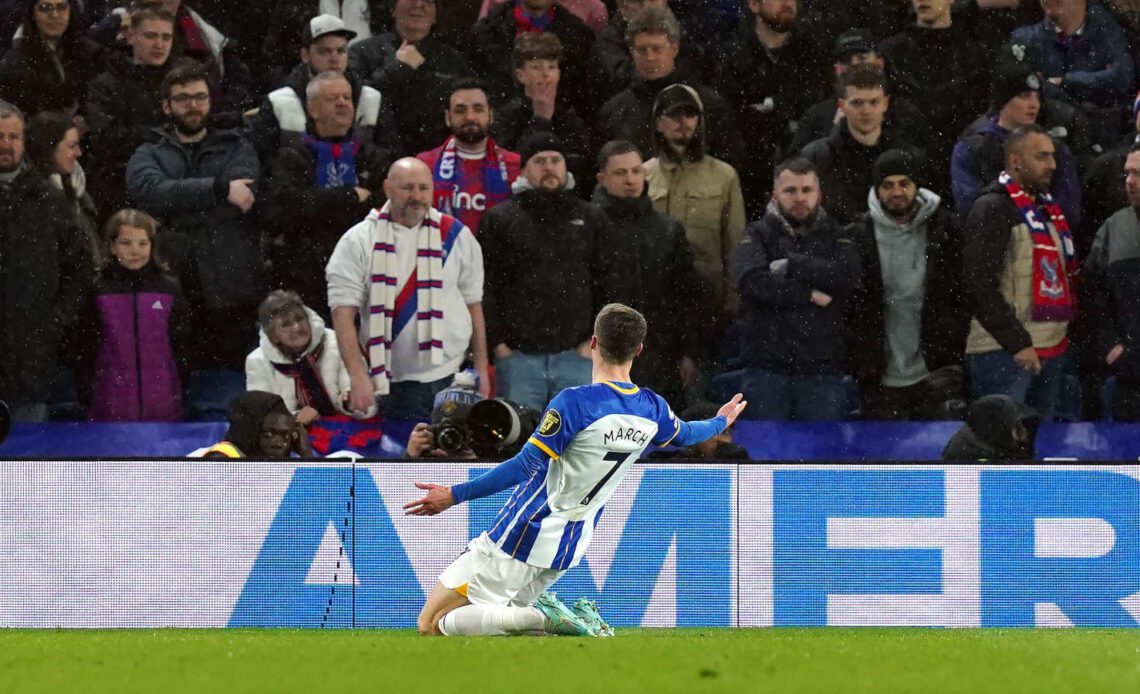 Solly March celebrates scoring for Brighton angainst Crystal Palace in the Premier League