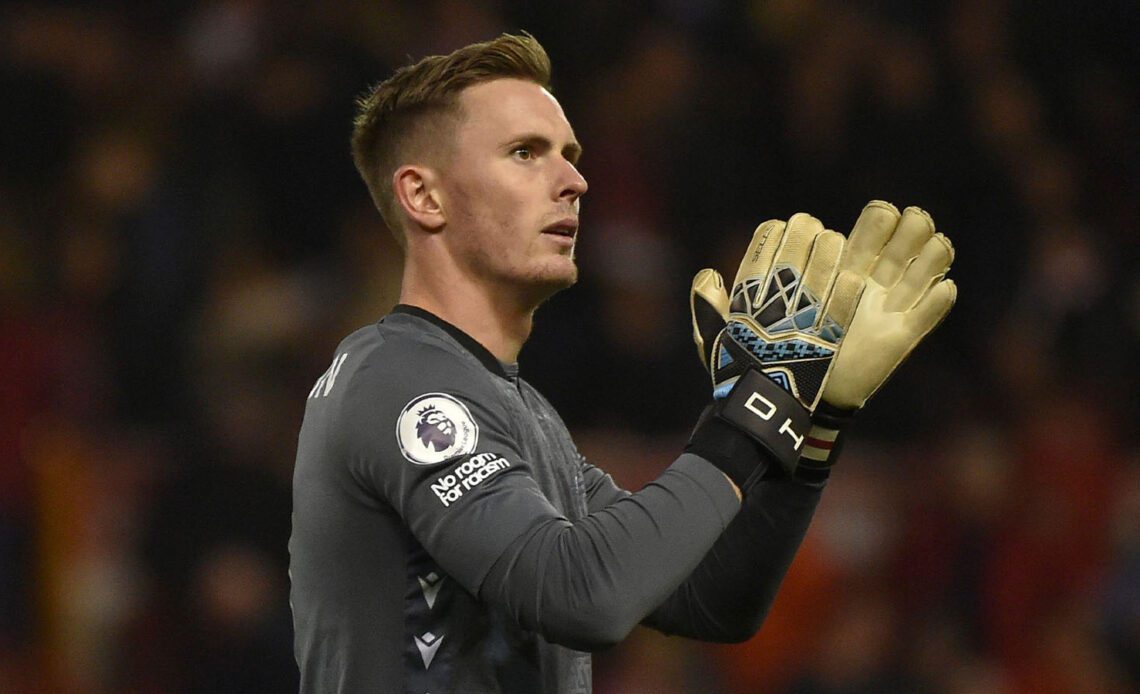 Nottingham Forest's goalkeeper Dean Henderson applauds the fans at the end of the English Premier League soccer match between Nottingham Forest and Aston Villa at the City ground in Nottingham, England