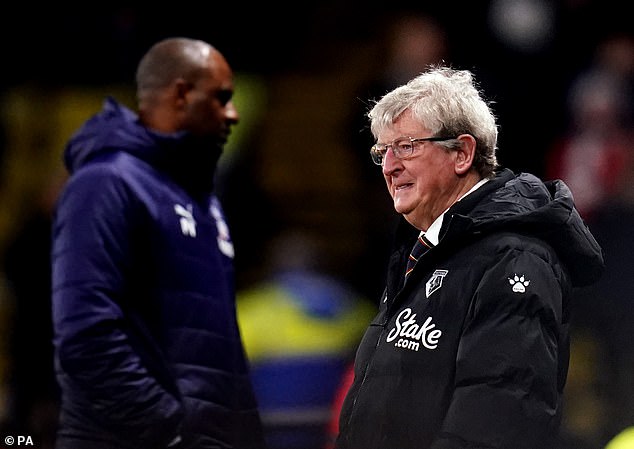 Crystal Palace remain committed to appointing a new long-term manager in the summer despite rehiring Roy Hodgson (right) on Tuesday to replace the sacked Patrick Vieira (left)