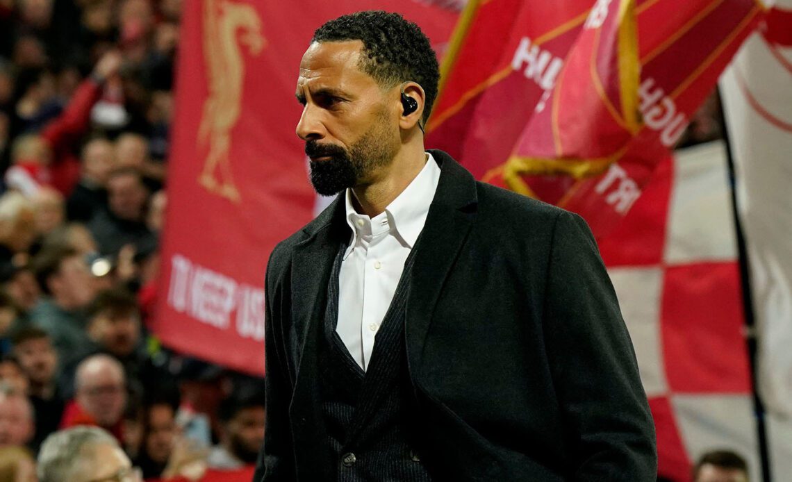 Liverpool, UK. 21st Feb, 2023. Former Manchester Utd player Rio Ferdinand walks in front of the Kop during the UEFA Champions League match at Anfield, Liverpool