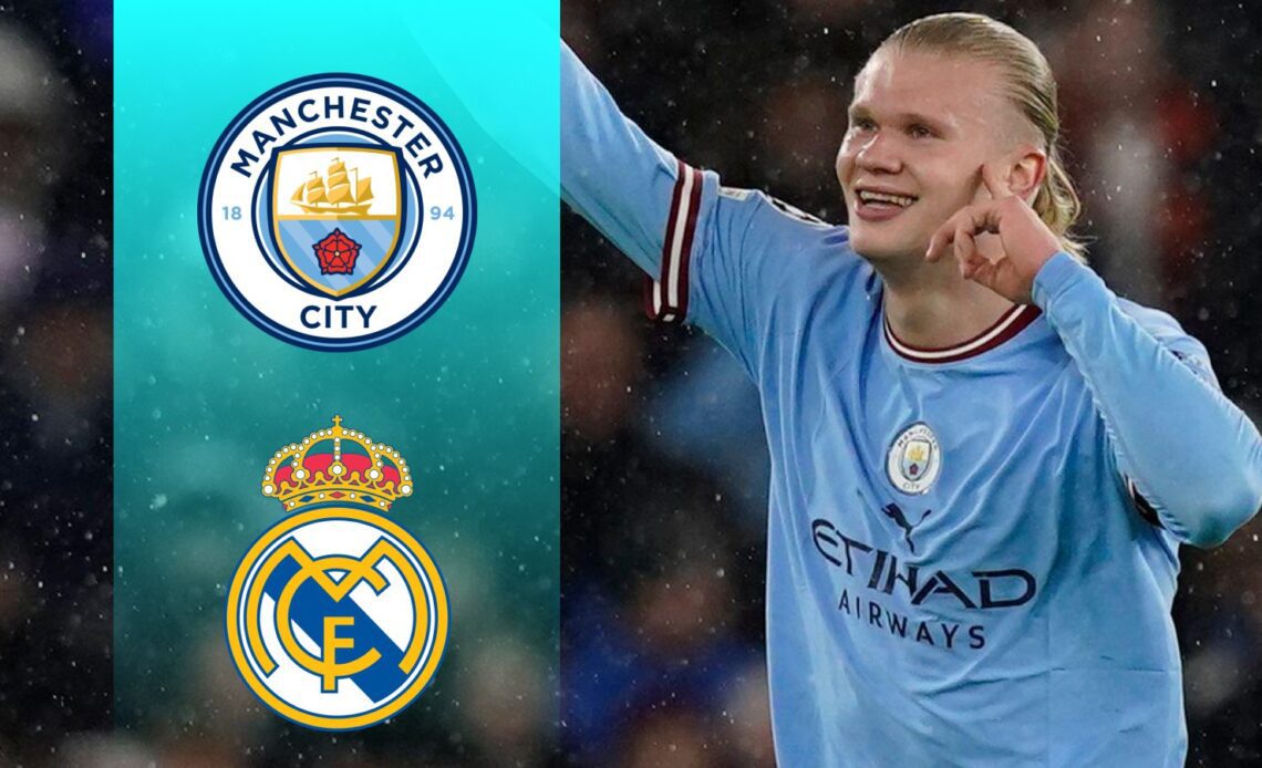 Erling Haaland and the Real Madrid, Manchester City badges