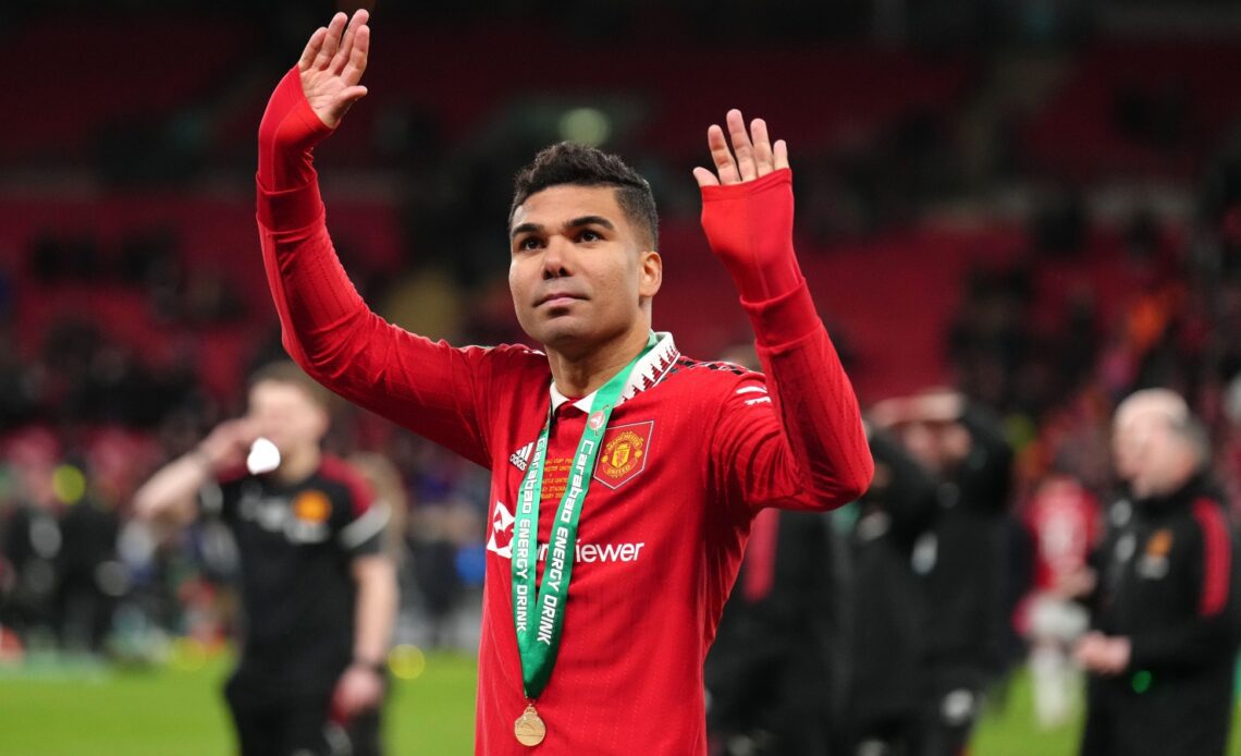 Casemiro celebrates after the League Cup final between Manchester United and Newcastle United at Wembley Stadium, London, February 2023.