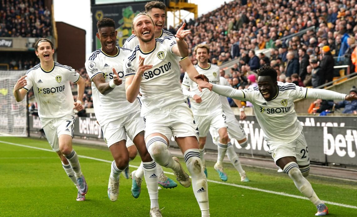 Luke Ayling celebrates scoring for Leeds against Wolves.