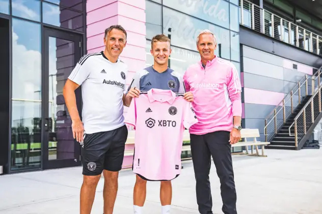 Inter Miami CF Chief Soccer Officer and Sporting Director Chris Henderson, midfielder Bryce Duke and head coach Phil Neville