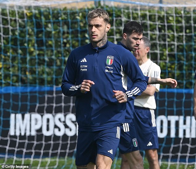 Italy striker Gianluca Scamacca (pictured, centre) is set to face England on Thursday evening in the Azzurri's European Championship qualifier against Gareth Southgate's men in Naples