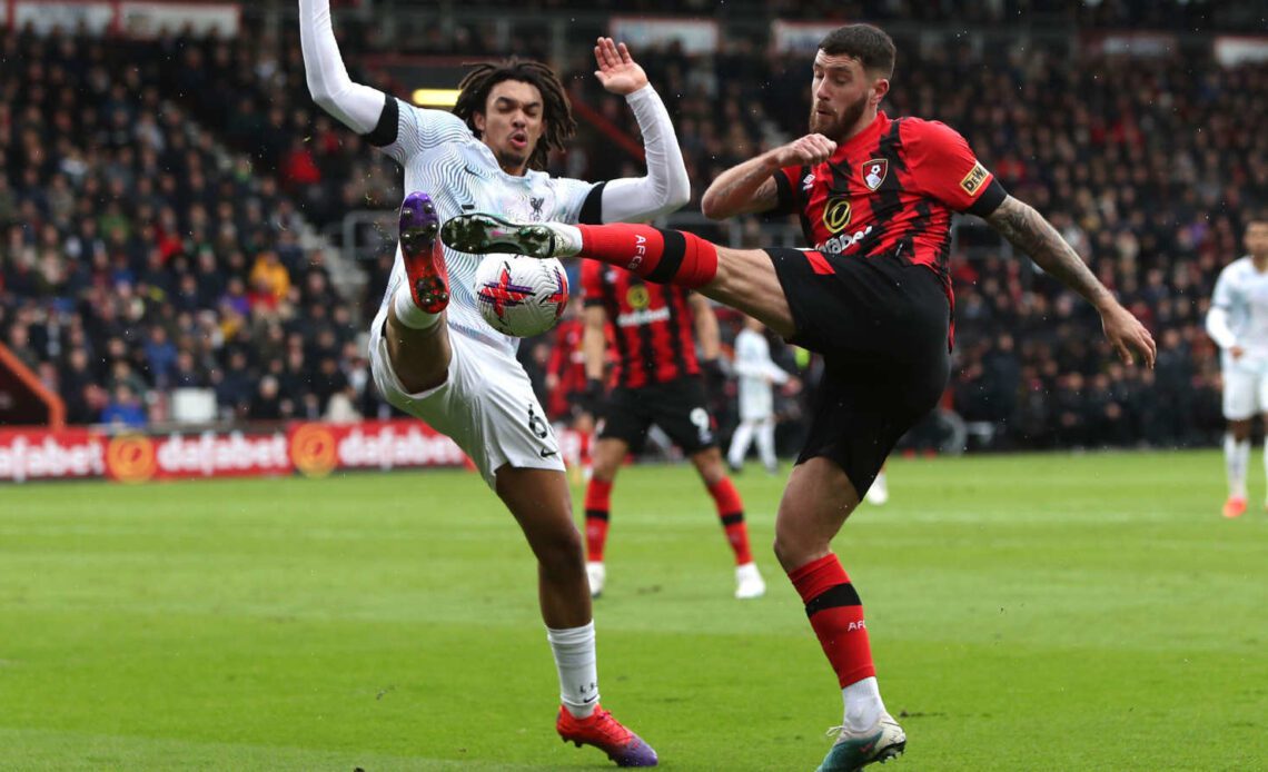 Trent Alexander-Arnold of Liverpool and Marcos Senesi of Bournemouth during their Premier League match