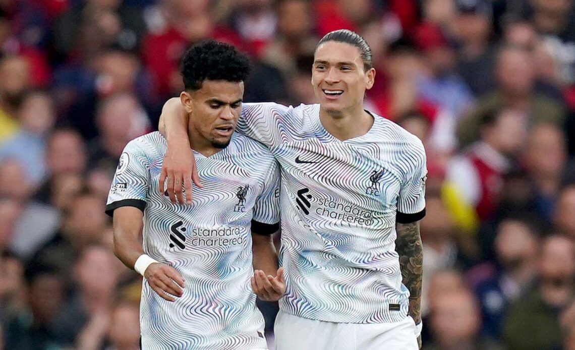 Liverpool duo Luis Diaz and Darwin Nunez after scoring a goal against Arsenal