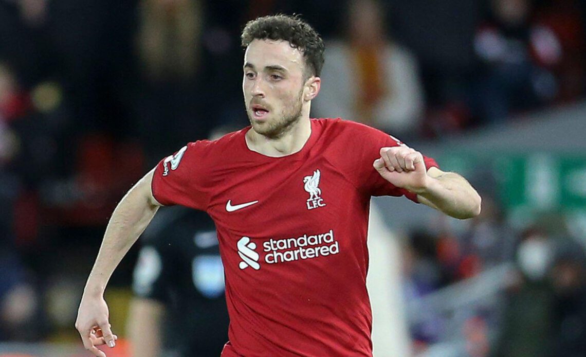 Diogo Jota of Liverpool in action. Premier League match, Liverpool v Wolverhampton Wanderers at Anfield in Liverpool