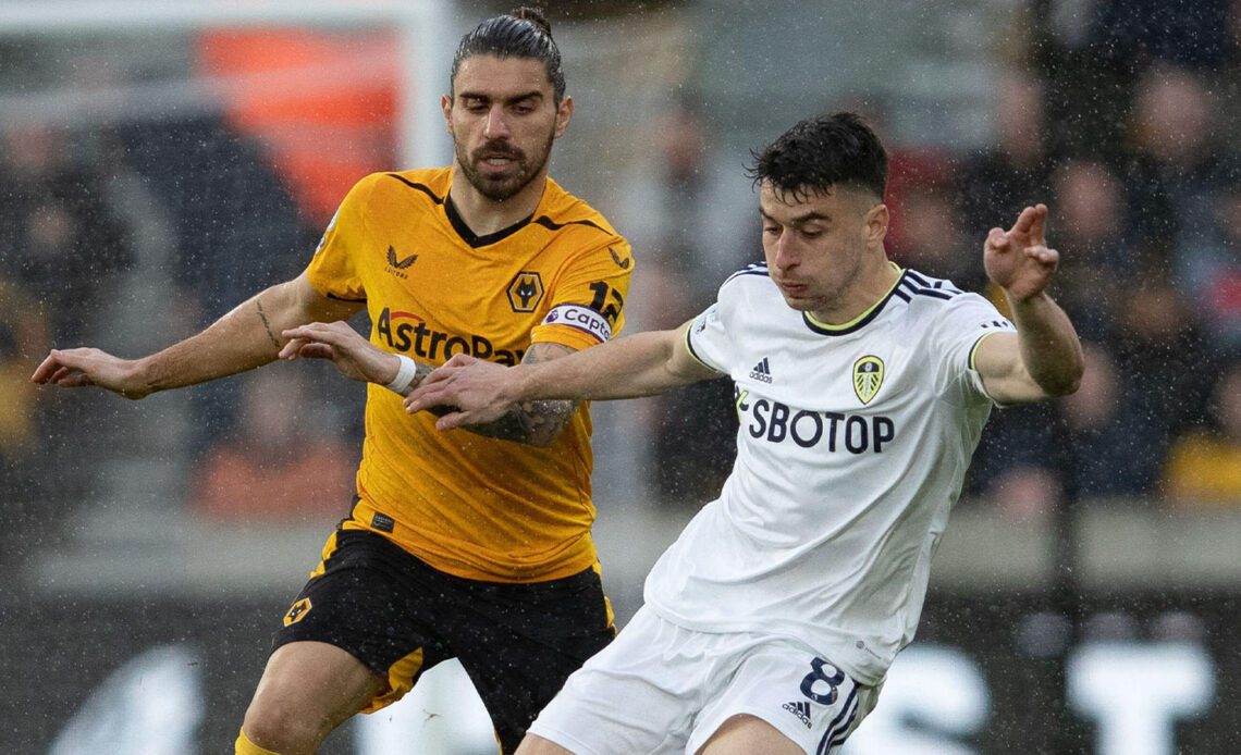 Leeds United's Marc Roca and Rúben Neves of Wolves during the Premier League match between Wolverhampton Wanderers and Leeds United at Molineux, Wolverhampton on Saturday 18th March 2023.