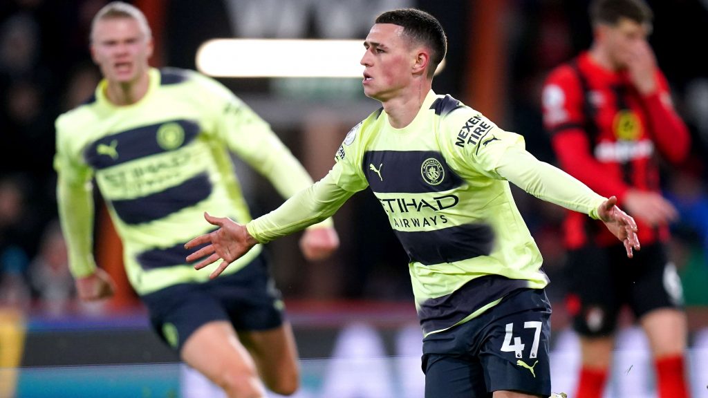 Phil Foden celebrates scoring for Man City in their win at Bournemouth.