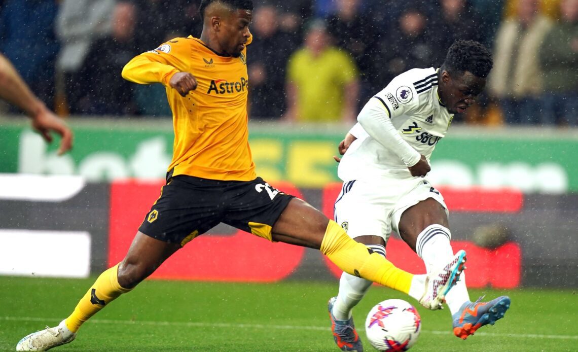 Leeds winger Wilfried Gnonto takes on the Wolves defence.