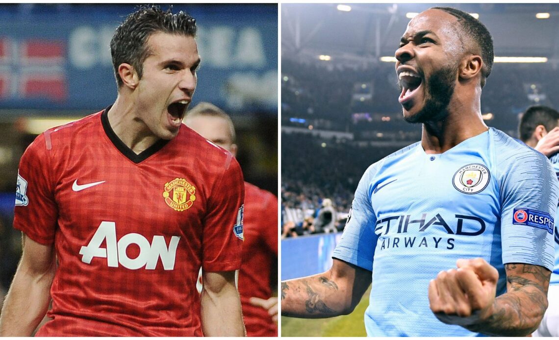 Robin van Persie and Raheem Sterling celebrate goals for Manchester United and Manchester City.