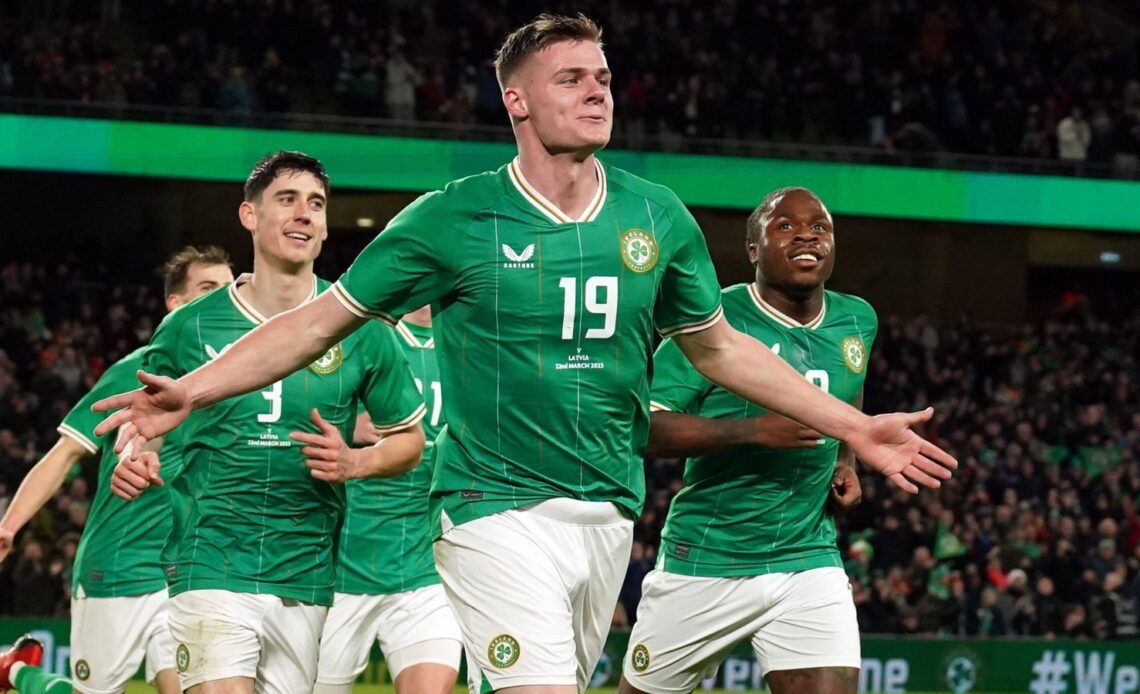 Republic of Ireland's Evan Ferguson celebrates scoring his first international goal.