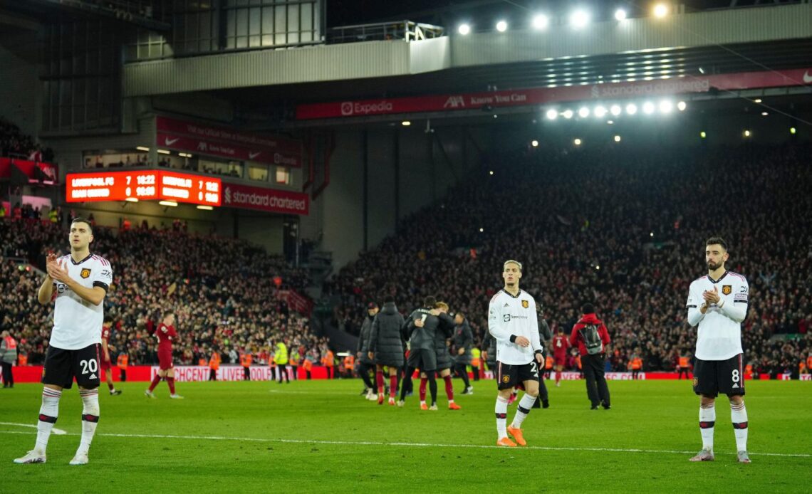 Manchester United midfielder Bruno Fernandes and his team-mates clap the supporters