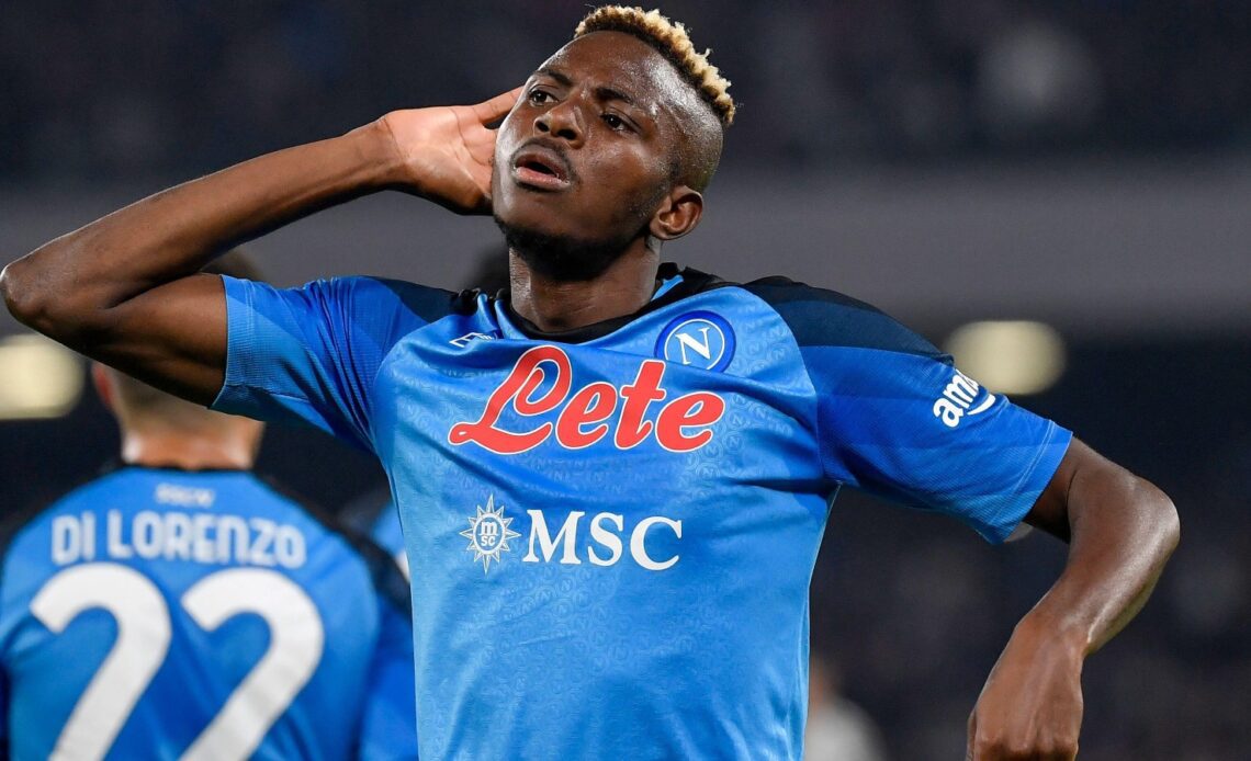 Victor Osimhen celebrates after scoring for Napoli against Juventus.