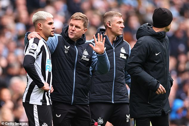 Newcastle midfielder Bruno Guimaraes (left), 25, will ignore the advances of Manchester City