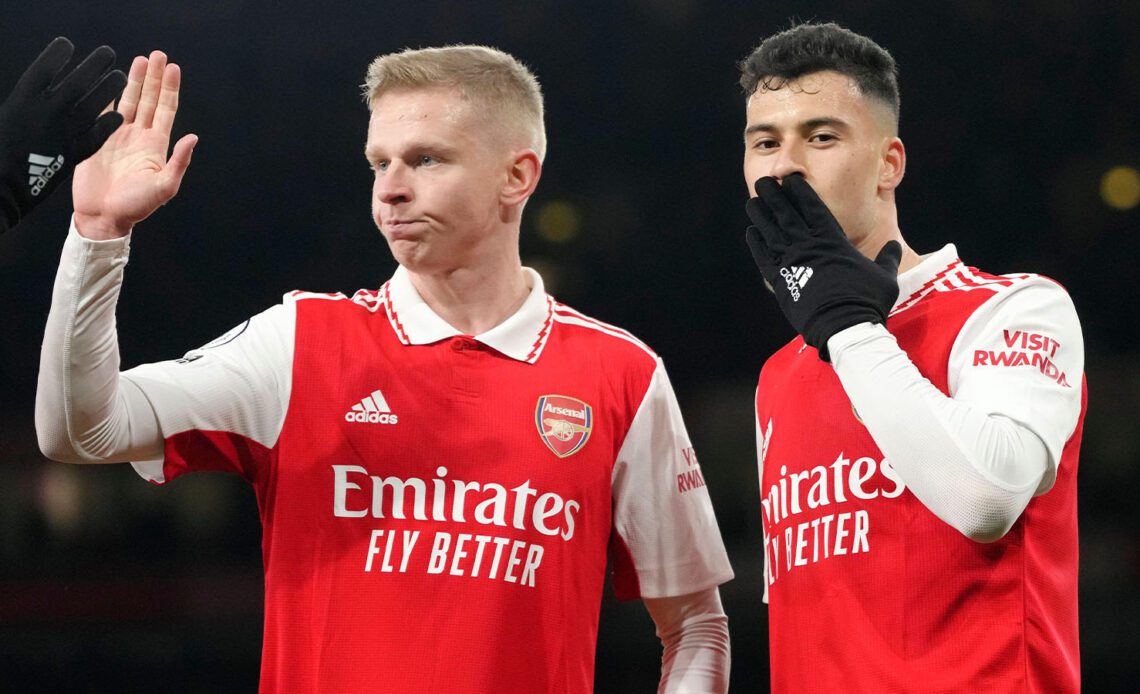 Arsenal's Gabriel Martinelli, right, celebrates with Oleksandr Zinchenko after scoring his side's fourth goal during the English Premier League soccer match between Arsenal and Everton at the Emirates stadium in London, Wednesday, March 1, 2023