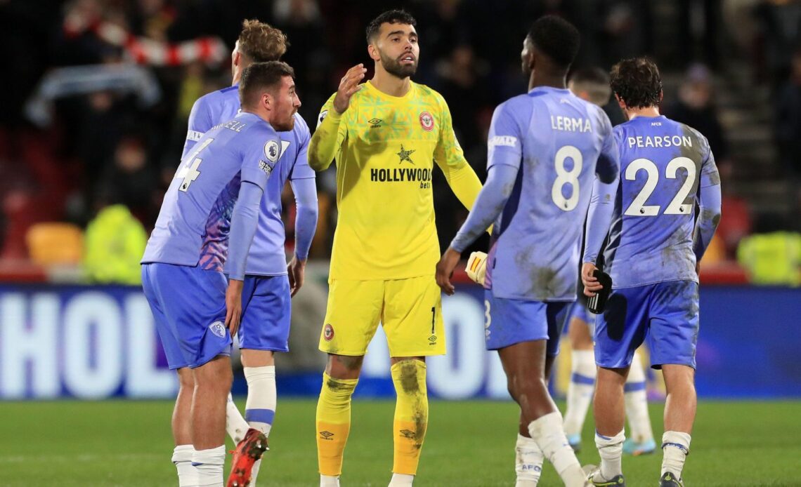 Reported Chelsea target David Raya with Bournemouth players after a match