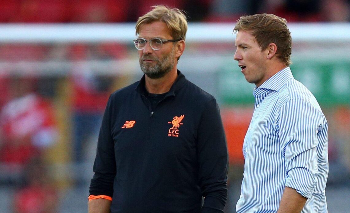 Liverpool manager Jurgen Klopp speaks with Julian Nagelsmann