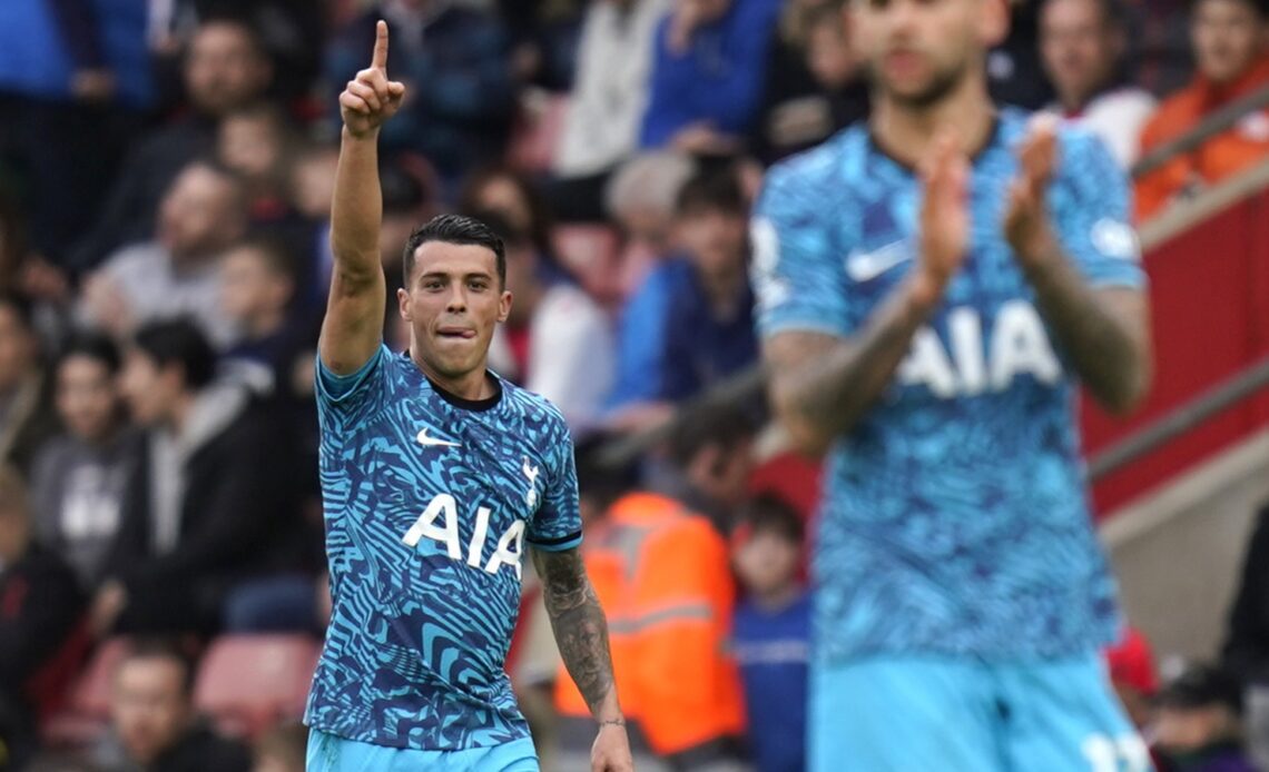 Pedro Porro celebrates scoring his first Tottenham goal to give Spurs the lead at Southampton.