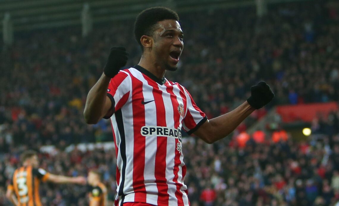 Amad Diallo celebrates scoring for Sunderland in their Championship match against Hull City at the Stadium of Light, Sunderland, April 2023.
