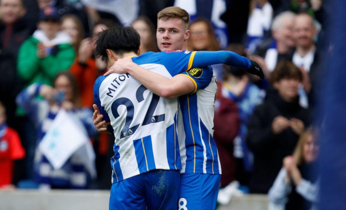 Brighton duo Evan Ferguson and Kaoru Mitoma celebrate a goal
