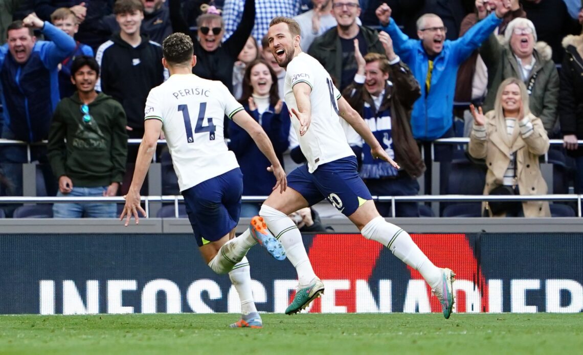 Harry Kane celebrates scoring for Tottenham against Brighton.