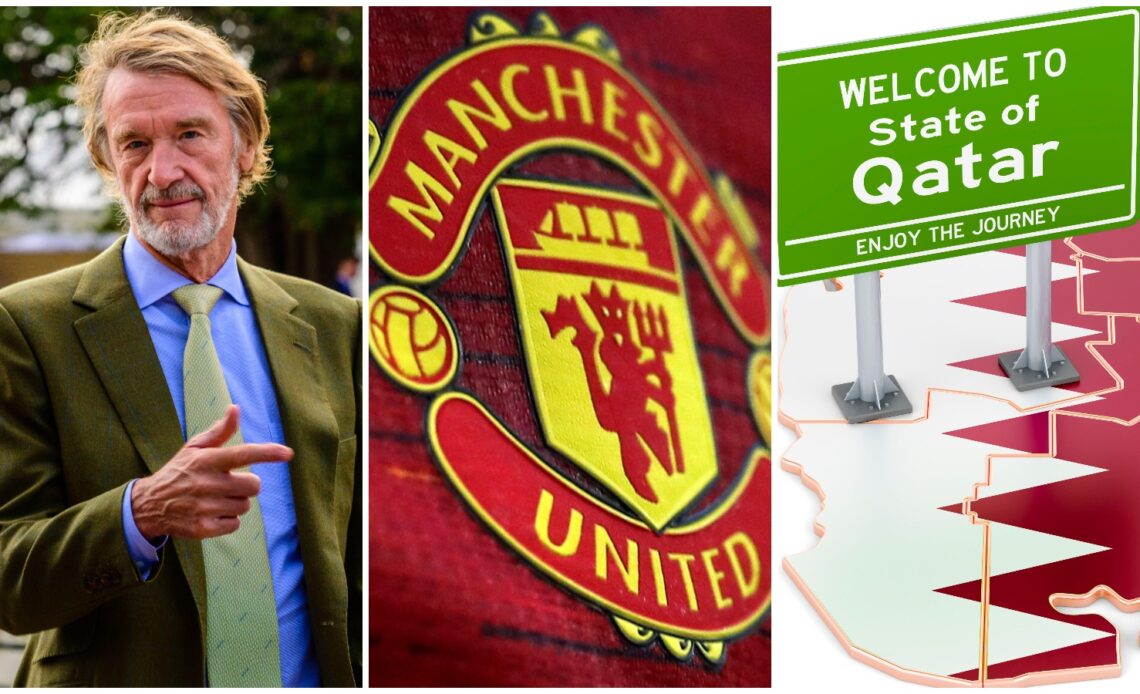 The Manchester United badge flanked by Sir Jim Ratcliffe and a 'Welcome to Qatar' sign.