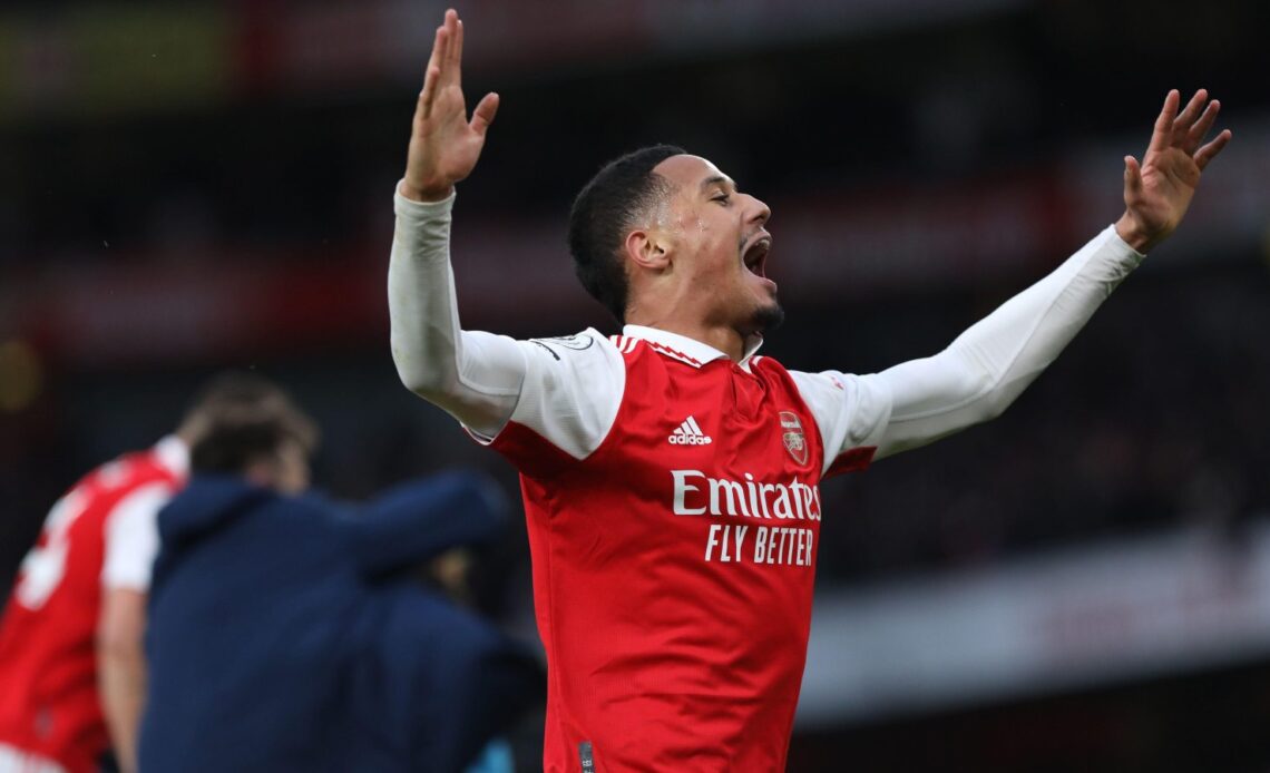 Arsenal defender William Saliba celebrates a goal