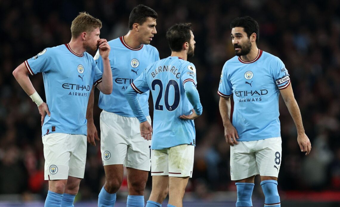 Man City captain Ilkay Gundogan speaks to his teammates during a game