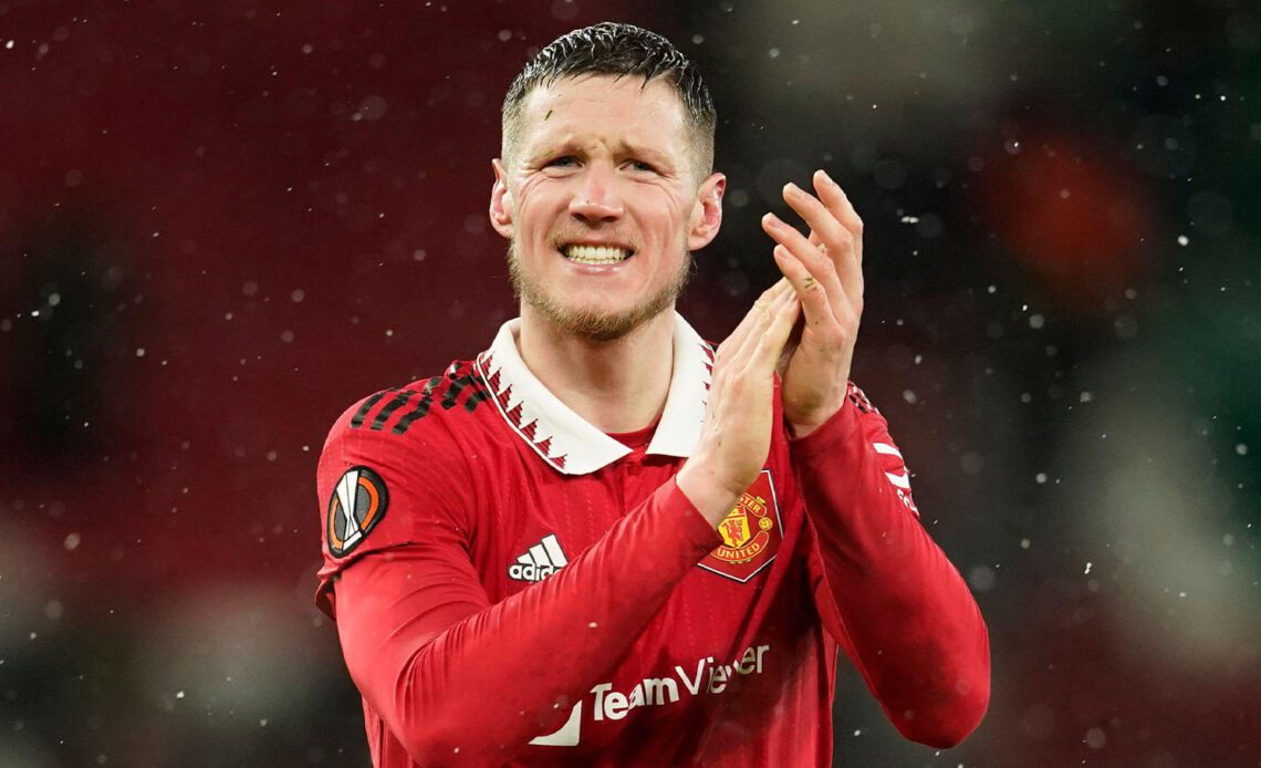 Manchester United's Wout Weghorst greets supporters after the Europa League round of 16 first leg soccer match between Manchester United and Real Betis at the Old Trafford stadium in Manchester, Thursday, March 9, 2023