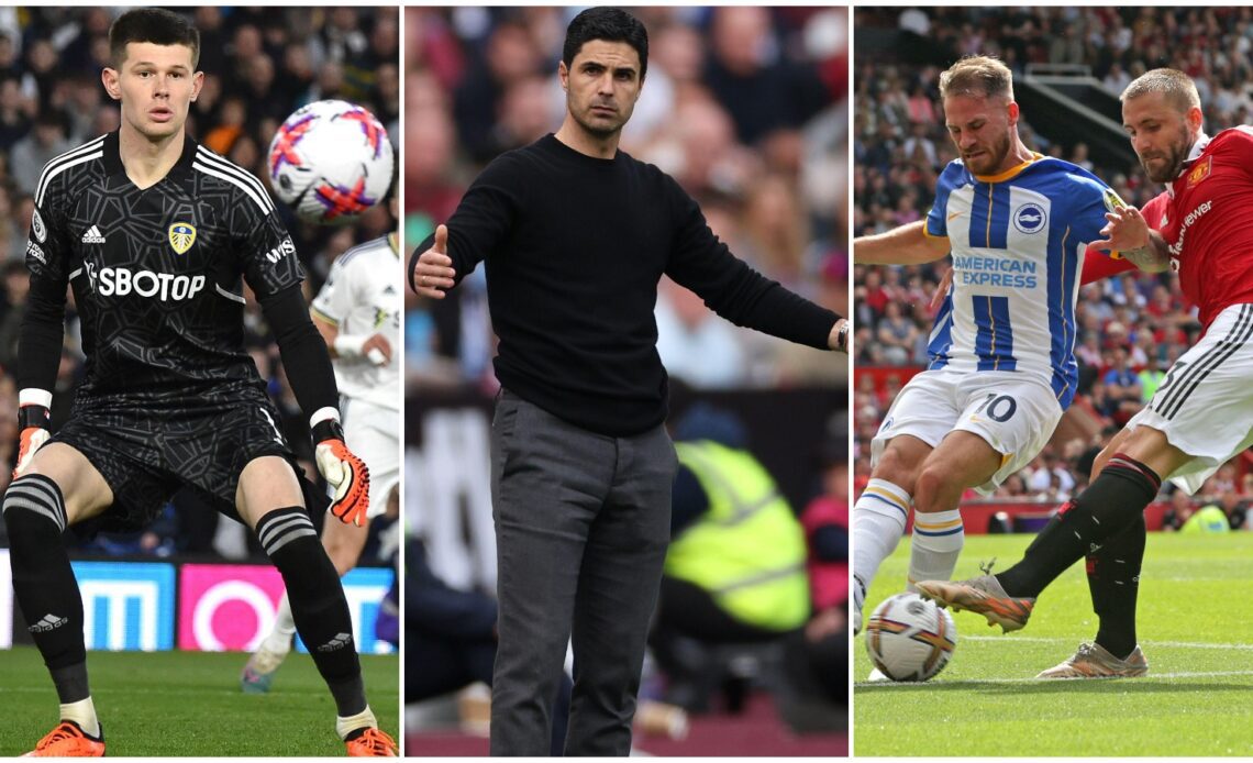 Leeds goalkeeper Illan Meslier, Arsenal manager Mikel Arteta, and Luke Shaw of Manchester United.