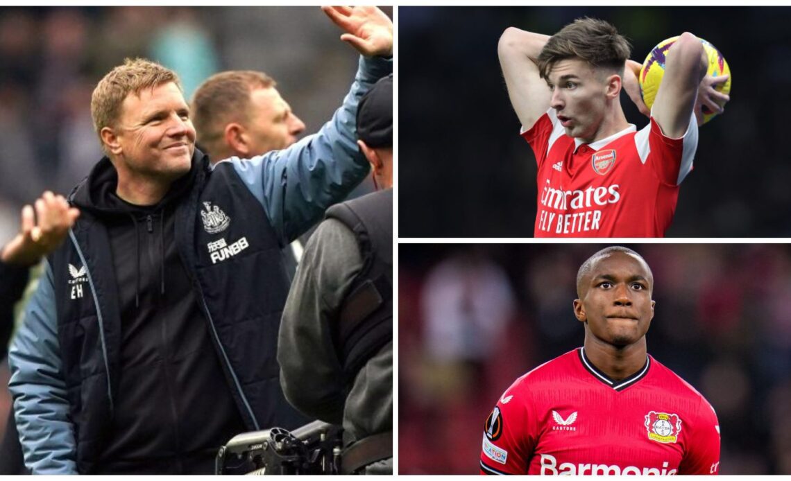 Newcastle manager Eddie Howe, Kieran Tierney and Moussa Diaby