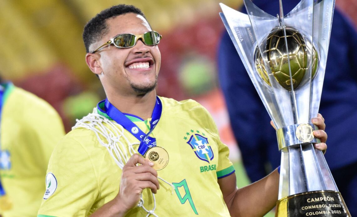 Reported Arsenal target Vitor Roque celebrates winning the South American U-20 Conmebol Tournament