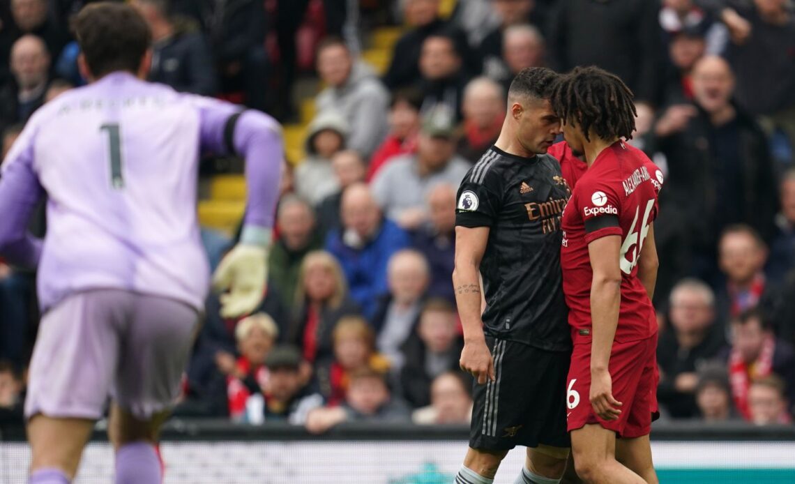 Granit Xhaka and Trent Alexander-Arnold clash during a 2-2 draw between Liverpool and Arsenal