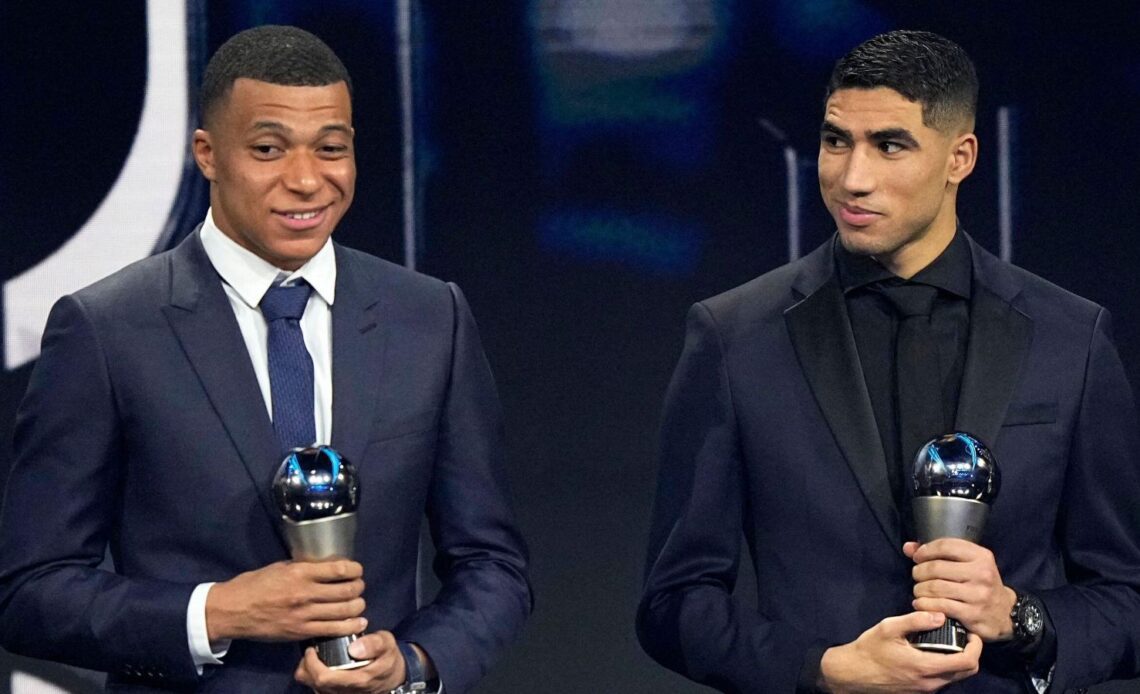 PSG duo Achraf Hakimi and Kylian Mbappe at an award's ceremony