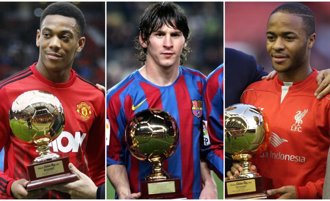 Previous Golden Boy winners Anthony Martial, Lionel Messi and Raheem Sterling with their awards.