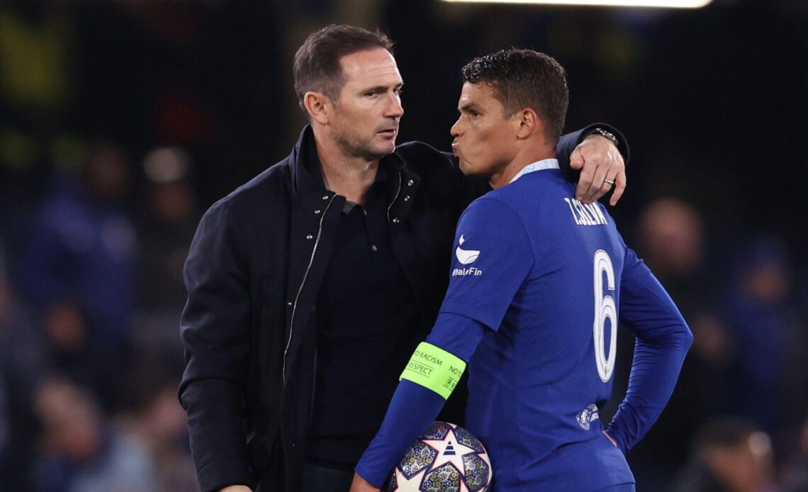 Chelsea defender Thiago Silva gets a hug from Frank Lampard