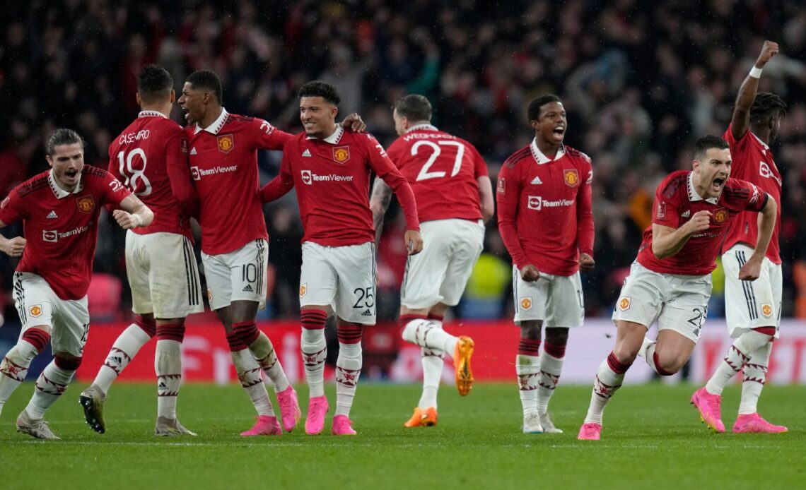 Brighton vs Man Utd: Man Utd players celebrate winning a penalty shootout