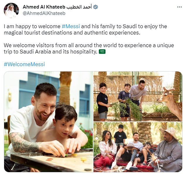 Saudi minister of tourism Ahmed Al Khateeb welcomed Messi for his trip by posting on Twitter