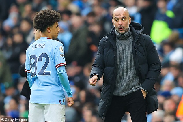 Gifted defender Lewis, 18, has made just 12 starts in his debut season but, according to manager Guardiola (right), has helped his City team-mates 'understand how to play better'