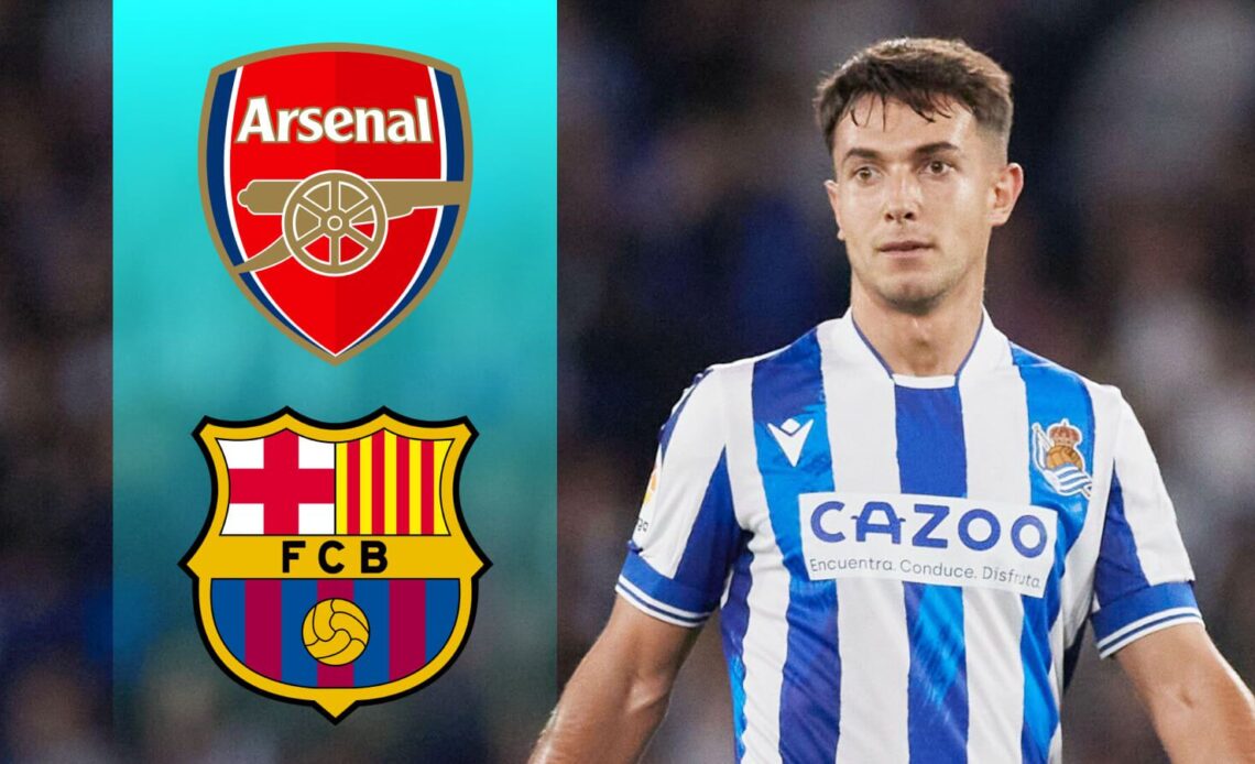 Reported Arsenal target Martin Zubimendi (Real Sociedad) with the Gunners' and Barcelona badges