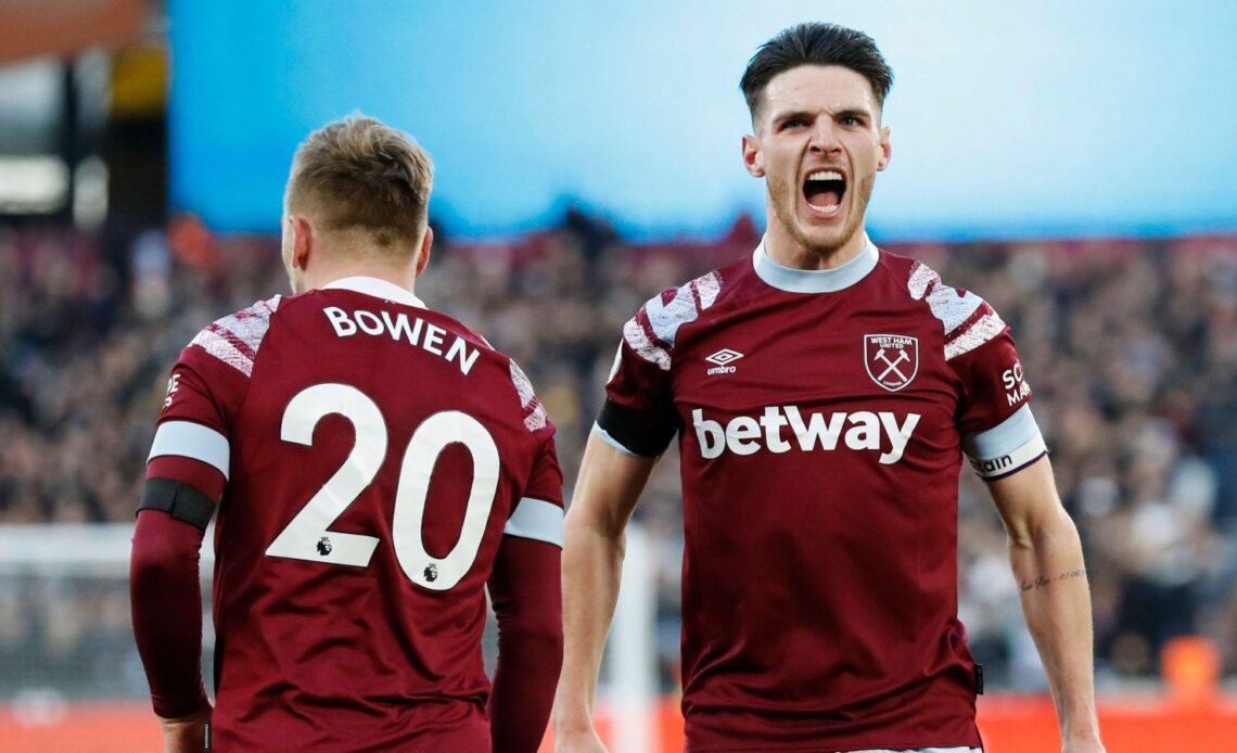 Reported Arsenal target Declan Rice celebrates a goal for West Ham
