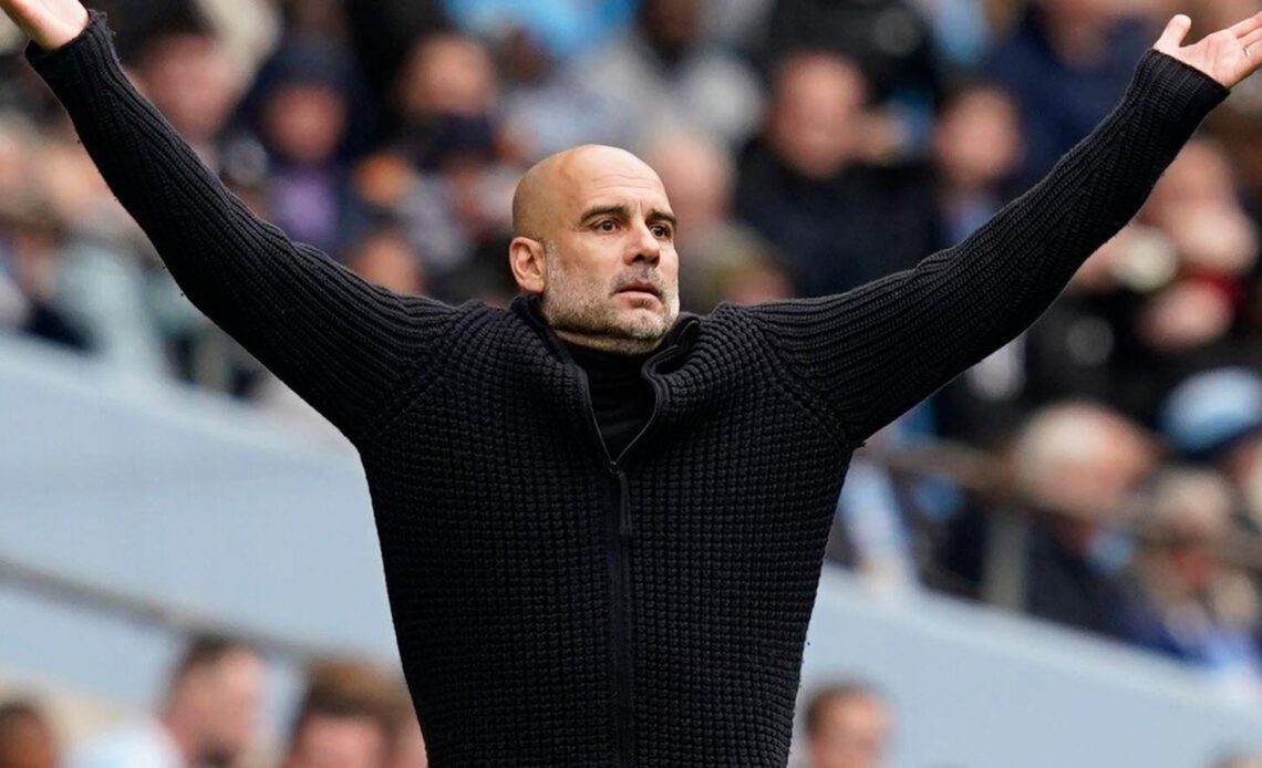 Manchester, UK. 6th May, 2023. Josep Guardiola manager of Manchester City shows his displeasure during the Premier League match at the Etihad Stadium, Manchester