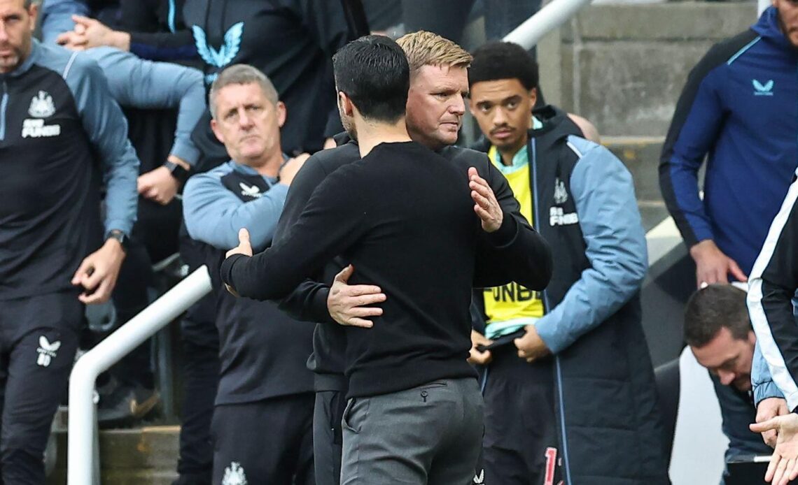 Arsenal manager Mikel Arteta embraces Newcastle boss Eddie Howe