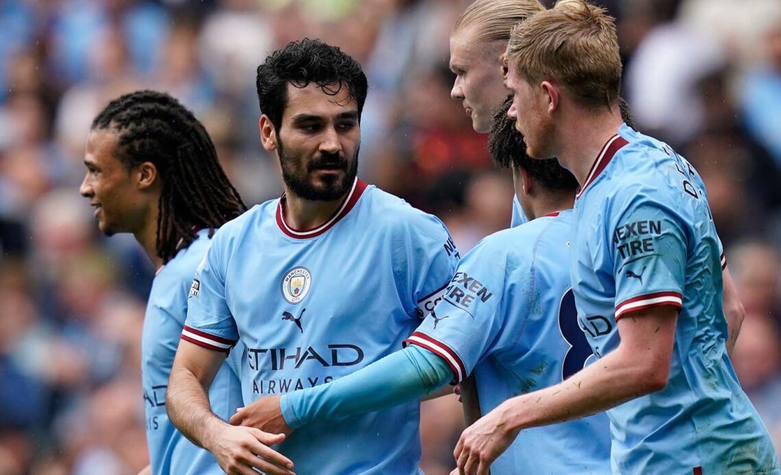 Manchester, UK. 6th May, 2023. Ilkay Gundogan of Manchester City (c) celebrates scoring his and City's second goal during the Premier League match at the Etihad Stadium, Manchester.